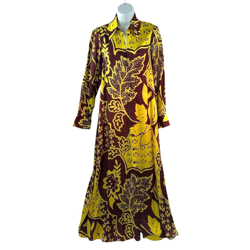 Anthropologie Corey Lynn Calter Shirt Dress XS Long-Sleeve Print Maroon Gold